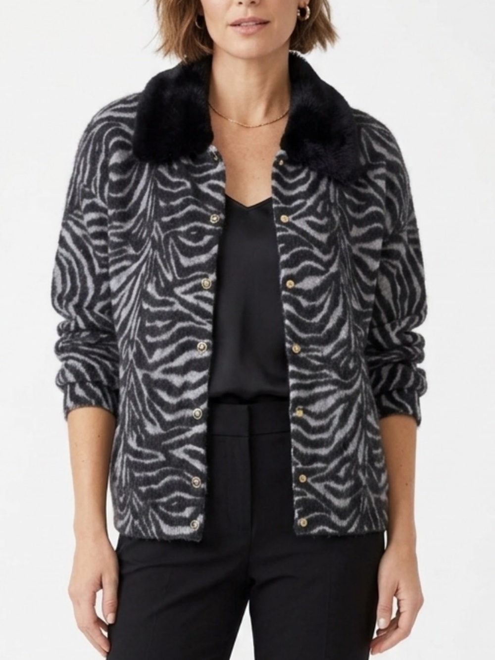 Kasper Black and Gray Zebra Print cardigan lambswool Y2K small Black Fur Collar